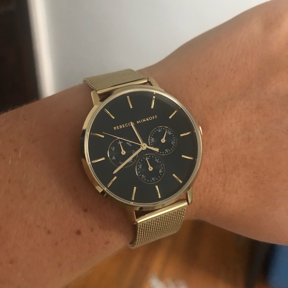 Rebecca Minkoff Gold Mesh Watch with Black Dial